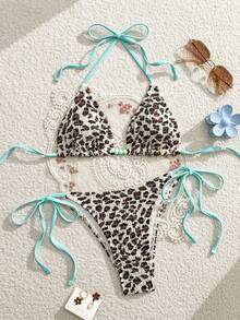 Swim Mod 2pcs/Set Women's Halter Neck Swimwear, Leopard & Zebra Print Beaded Tie-Up Sexy Bikini Set, Summer Beach Holiday - Multicolor - View 7