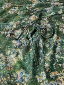 SHEIN MOD 绿色油画花卉图案高腰侧抽绳褶皱美人鱼中长裙 – 复古浪漫长裙，完美适用于度假、约会、野餐、派对、舞会、节日和生日穿着；浪漫可爱的绿色花卉中长裙，印花裙，女士花卉裙，夏季裙，度假裙，情人节，狂欢节服装 - 綠色 - 查看 3