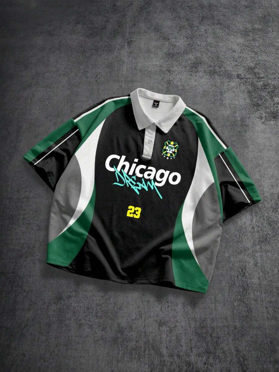 Manfinity ZONE917 宽松短款学院风运动足球芝加哥撞色Polo衫，版型宽松，适合约会和聚会，送给男朋友的绝佳礼物 - 彩色 - 查看 1