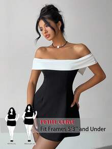 SHEIN PETITE CURVE 大码女式撞色露肩蝴蝶结装饰时尚连衣裙 - 黑與白 - 查看 1