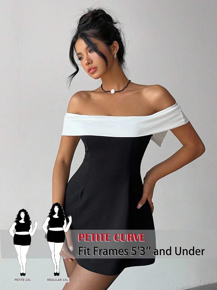 SHEIN PETITE CURVE 大码女式撞色露肩蝴蝶结装饰时尚连衣裙 - 黑與白 - 查看 1