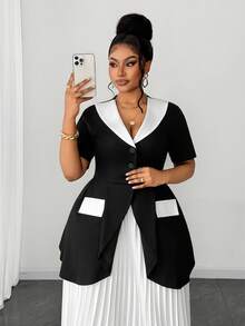 Maweii 春夏秋季优雅度假修身黑白撞色短袖上衣搭配百褶裙套装，时尚设计，办公、通勤、日常穿着必备，大码可选 - 黑與白 - 查看 3