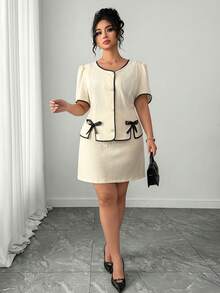 Elenzga Plus Size Spring/Summer Button Bow Contrast Color Short Sleeve Top And Mini Skirt 2 Piece Set, Elegant - Multicolor - View 1