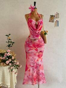 Soleia 女士性感浪漫度假露背系带拼接罩杯金属花卉装饰深V连衣裙，适合海滩、邮轮、城市度假、约会、音乐节，波西米亚风格 - 粉色 - 查看 8