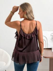 Ceyna Women's Semi-Sheer Woven Fabric Flared Ruffle Hem Cami Tank Top In Regular Length - Coffee Brown - View 2