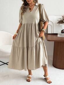 Ceyna Vestido corto de manga corta con cuello en V, estilo casual, a rayas y lunares, vestido de picnic para mujer, ropa de resort, vestido casual de verano a rayas y midi, vestido de verano estilo prairie, vestidos de verano para mujer, vestido con volantes, vestido casual con cuello en V para mujer - Caqui - Ver 4