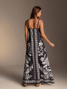 Swim Vcay 夏日海滩风宽松花卉中式印花长裙 - 黑與白 - 查看 2