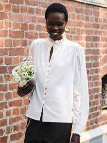 Lumivelle Women's Chiffon Long Sleeve Shirt,White,Autumn,Elegant,Office,Ruffle Collar And Cuffs,Metal Buckle Decoration,Casual Premium Minimalist Blouse - White - View 4