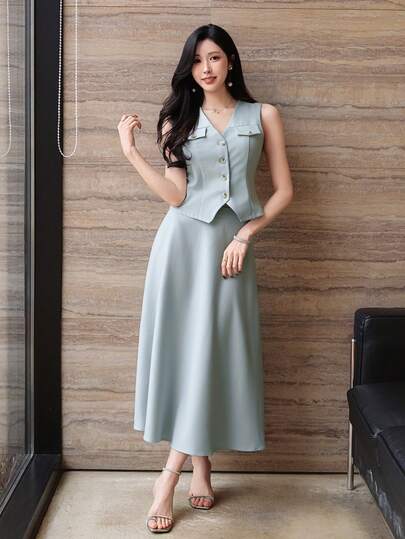 DAZY Women's Elegant Solid Color Faux Pocket Vest & Skirt 2-Piece Set, Spring/Summer,Wedding Guest Dress Women