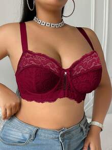 DesireSculpt 1pc Plus Size Lace Underwire Bra - Burgundy - View 4