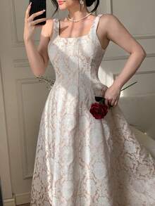 DAZY Women's Elegant Floral Print Sleeveless Dress With Square Neckline, Summer - Apricot - View 5