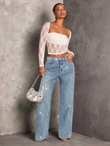 SHEIN BAE Women's Fashionable Rhinestone Embellished Loose Pocket Jeans - Light Wash - View 5