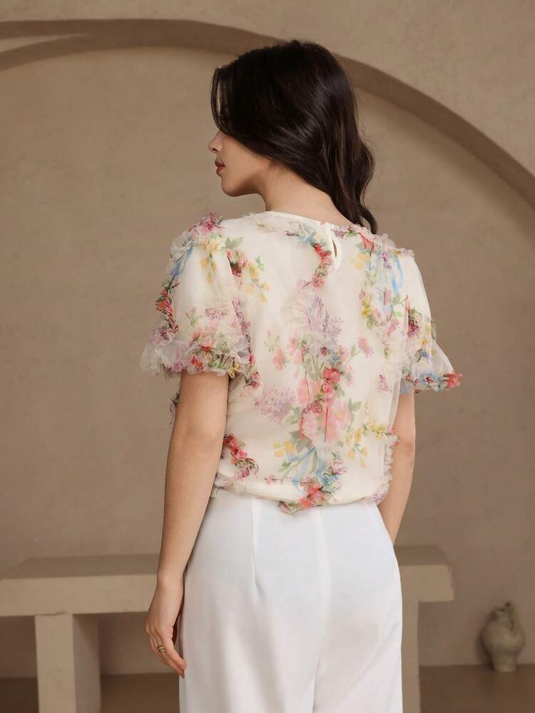 Women's Elegant Floral Print Round Neck Puff Sleeve Blouse, Spring/Summer,Wedding Guest Dress Women Boho