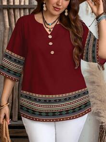 EMERY ROSE 女士休闲简约红色底几何条纹复古印花七分袖衬衫，适合春夏穿着 - 彩色 - 查看 5