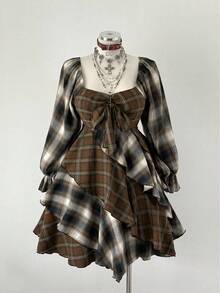 Sunspun 格子拼接蝴蝶结腰带极简长袖连衣裙 - 棕色 - 查看 6