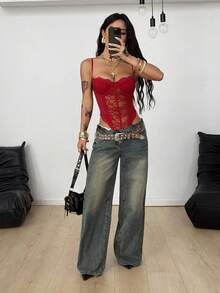 Coolane Trang phục dự tiệc mùa hè dành cho nữ, gợi cảm theo phong cách Y2K, áo liền thân ren đen ôm sát. - Đỏ - Xem 5