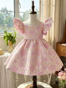 LMoss Kids Young Girl Solid Color Jacquard Bowknot Ruffle Hem Fitted Dress,Kids - Multicolor - View 4
