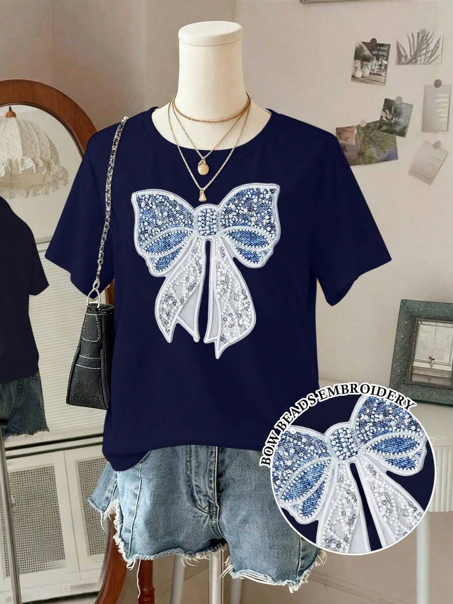 Lalippa 女士休闲日常通勤时尚仿珍珠串珠刺绣蝴蝶结贴花短袖T恤，夏季 - 藏蓝色 - 查看 1
