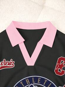 Rovax 女士休闲时尚街头风日常通勤字母、数字、星星印花撞色包边V领短袖T恤，夏季 - 黑色 - 查看 3