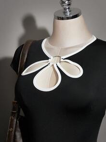 SHEIN ICON Áo dệt kim cỡ lớn kiểu Trung Quốc thời kỳ Y2K, áo kiểu Trung Quốc cổ giọt nước khoét rỗng phối màu tương phản, áo kiểu cổ hoa khoét rỗng phối màu tương phản. - Đen và trắng - Xem 9