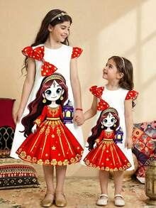 夏季女童卡通公主印花无袖连衣裙，配红色波点蝴蝶结。这款可爱的连衣裙适合各个年龄段的女孩，采用柔软的白色面料，印有色彩鲜艳的卡通公主图案。无袖设计搭配褶皱肩部蝴蝶结，更添俏皮魅力。 - 白色 - 查看 4