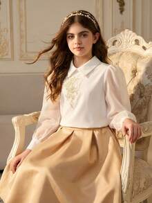 SHEIN Girl's Elegant Formal Clothing Set,Long-Sleeved White Shirt & Apricot Half-Length Skirt,Spring Autumn Wedding Party Mixed Dress Set For Children - Multicolor - View 7