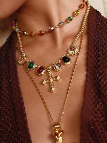 Glisma 18K镀金单件式纹理金属水钻立方氧化锆十字串珠Y2K项链，适合派对、休闲、音乐会/节日、夜店、婚礼、假日、度假、露营等场合。 - 金色 - 查看 1