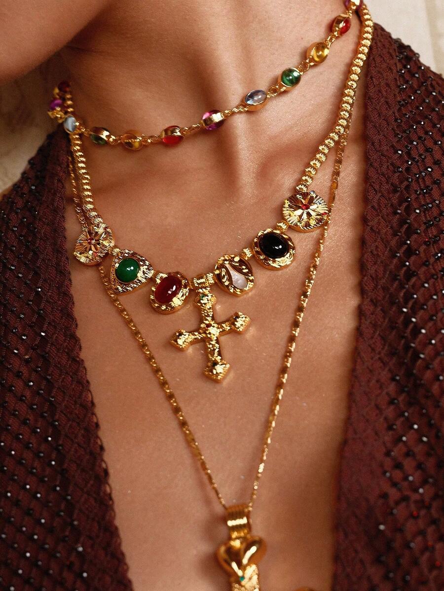 Glisma 18K镀金单件式纹理金属水钻立方氧化锆十字串珠Y2K项链，适合派对、休闲、音乐会/节日、夜店、婚礼、假日、度假、露营等场合。 - 金色 - 查看 1