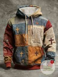INAWLY Sudadera con capucha de retro patchwork artístico para hombres, parte superior cómoda y colorida, sudadera de manga larga con gráfico de la cruz de JESÚS y fe, adecuada para uso diario