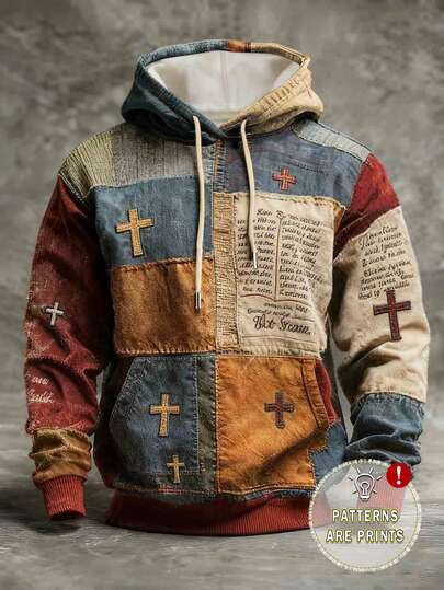 Glimmora 男士艺术复古拼接印花连帽衫，色彩鲜艳，穿着舒适，耶稣十字架信仰图案长袖卫衣，适合日常穿着