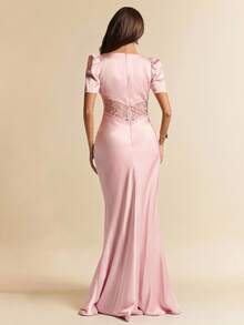 SHEIN BAE Spring/Summer Sexy Deep V-Neck Halter Waist Lace Hollow Splice Fishtail Satin Short Sleeve Maxi Dress, Suitable For Cocktail Party, Romantic Date, Party, Formal Gathering, Bridesmaid Dress, Evening Dress, Brunch Dress, Valentine's Day, Tea Party, Lace Dress - Pink - View 2