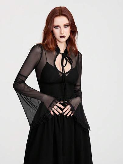 Breakform Women's Gothic Sexy Sheer Mesh Patchwork Knit Fabric Frill Trim Front Keyhole Tie Neck Flare Sleeve Fitted Cropped Top
