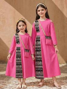 SHEIN Robe à manches longues col rond ample pour préadolescentes avec accessoires - Rose vif - Voir 7
