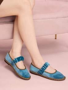 CUCCOO DOLLMOD Giày bệt nữ màu cam sáng, thanh lịch, cổ điển, thoải mái, xếp ly, kiểu Mary Jane bằng nhung. - Màu xanh nước biển / Kaki - Xem 5