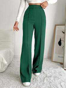 EURMUSE Women's Casual Versatile Commuter Solid Color High Waist Suit Pants - Green - View 3