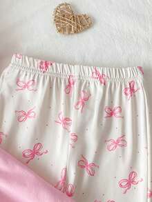 2 Stücke/Set Mädchen elegantes, süßes rosa Patchwork-Set mit Rüschenkragen, Schleifendekor, Kurzarmoberteil und apricotfarbenem Schmetterlingsdruck, weite Hosenbeine, bequeme Homewear - Pink - Übersicht 5