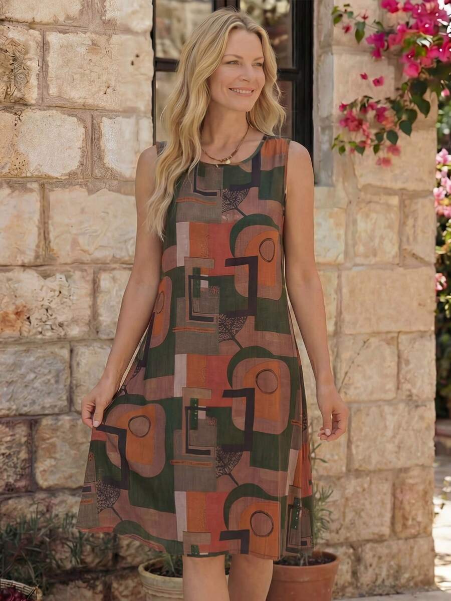 EMERY ROSE 休閒無袖圓領A字印花夏季連衣裙