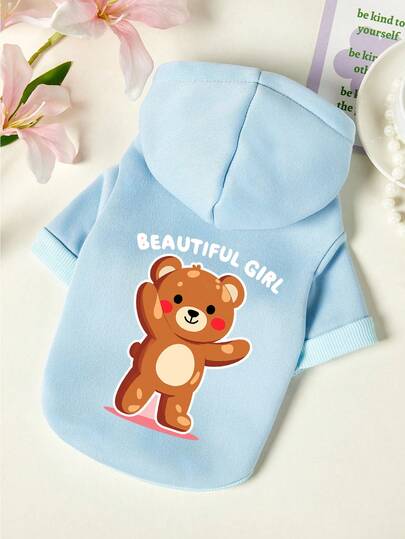 PETSIN 1 Cute Brown Bear Letter Printed Pet Hoodie, Light Blue Casual Style, Autumn And Winter Thick Warm Pet Clothing