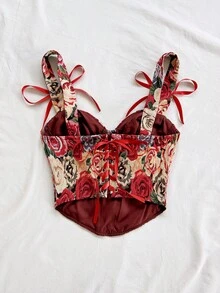 Soleia 女士花卉印花蝴蝶结装饰时尚百搭上衣，适合约会和派对穿着 - 紅色 - 查看 2