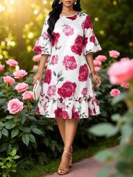 SHEIN Lady Rochie midi elegantă pentru femei, cu imprimeu floral și tiv cu volane, toamnă