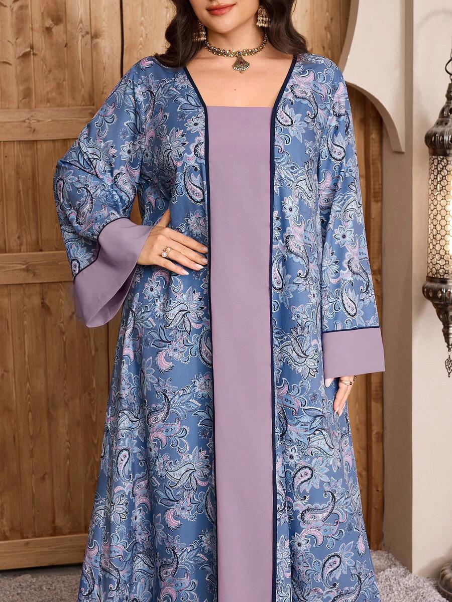 Al Najma Đầm dáng rộng tay loe kiểu Bohemian phối màu tương phản họa tiết Paisley dành cho nữ cỡ lớn, thích hợp cho mùa xuân/thu. - Nhiều màu - Xem 1