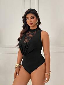 Femmeverse Plus Size Women's Sexy Lace Patchwork, Ruffle Collar, Solid Color Bodysuit