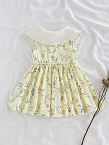 Vintaside Kids Đầm bé gái in hoa, cổ bèo, không tay, kiểu dáng thường ngày. - Màu vàng - Xem 2