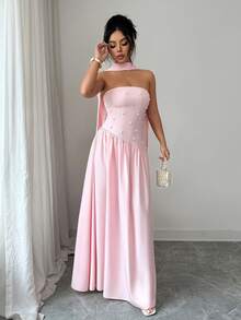 Elenzga Đầm nữ bằng vải dệt, kiểu dáng thanh lịch, lãng mạn, thắt eo xếp ly, đính ngọc trai, vạt bất đối xứng, thích hợp cho ngày Valentine, đám cưới, hẹn hò, ăn tối, mặc ngoài trời, mùa xuân/hè. - Hồng - Xem 7