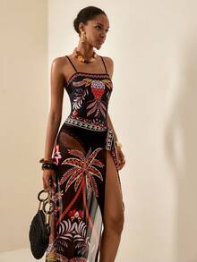 Vesra Women's Tropical Floral Print Bandeau Bikini Set, Elegant Minimalist Sexy Two Pieces Swimsuit For Beach Party And Vacation - Black - View 3