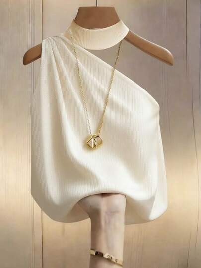 Franclia Blusa de mujer de unicolor con cuello asimétrico y sin mangas