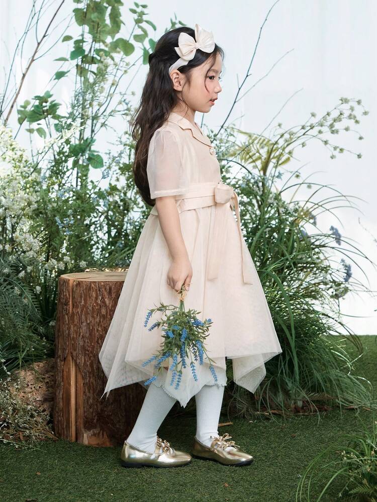 Young Girls Collar Tie Casual Korean Style Party Birthday Solid Color Dress