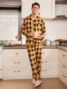 Men's Retro Casual Contrast Plaid & "His" Letter Print Lapel Long Sleeve Loose Loungewear Set - Yellow - View 5