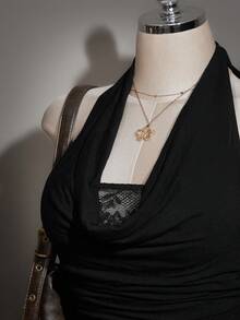 SHEIN ICON Áo dệt kim đen hở lưng cổ xếp ly phong cách Y2K cỡ lớn, phối ren, gợi cảm kiểu đường phố. - màu đen - Xem 2