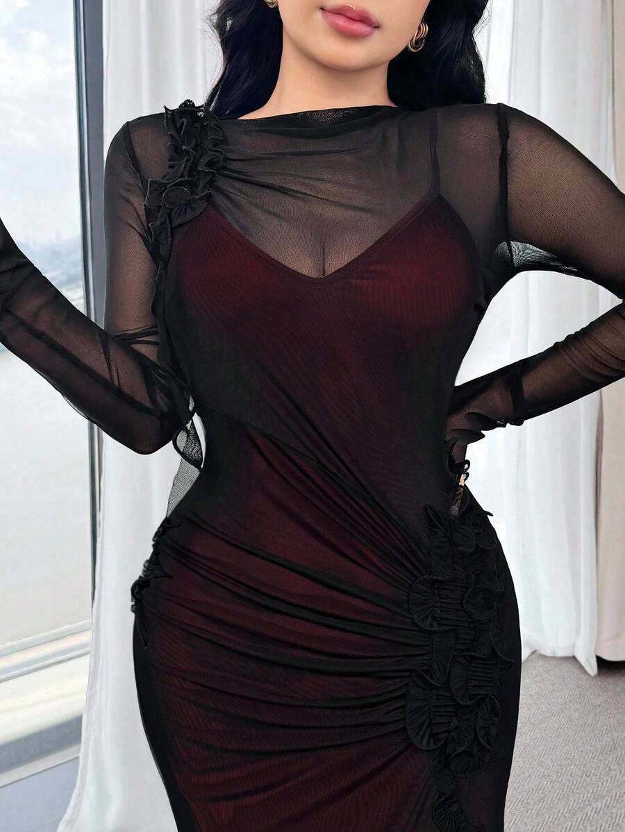Feyla Women's Elegant Sexy Sheer Mesh Ruffle Trim Fitted Long Dress - Burgundy - View 1